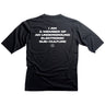 A black oversized 3/4 sleeve t-shirt with screen printed graphics on the front and back, featuring a hand-sewn hem tag.